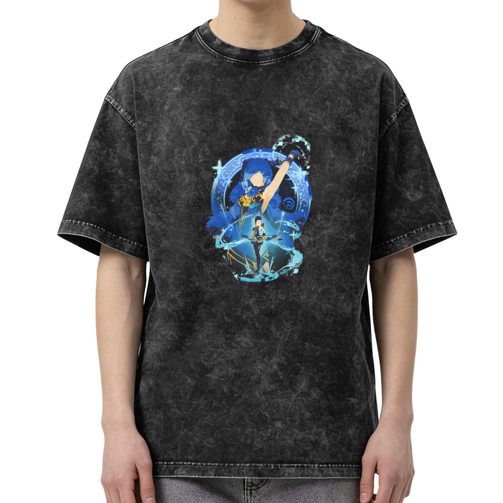 Washed Black Anime Character Graphic Short Sleeve T-Shirt
