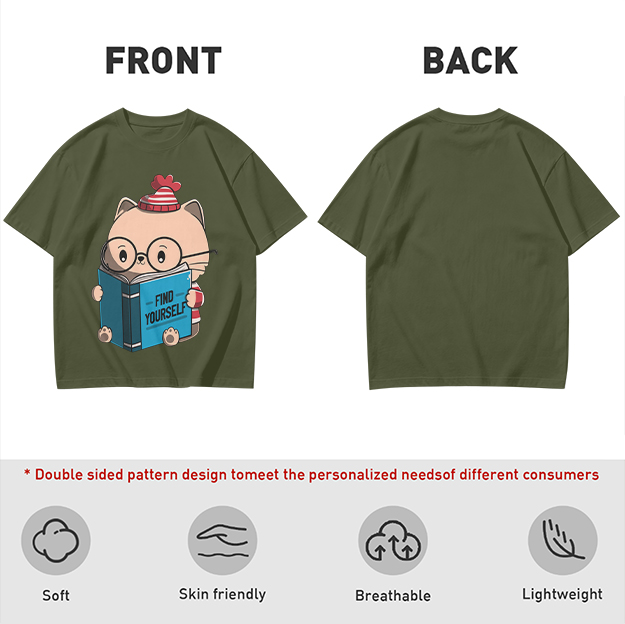 Olive T-shirt with Cute Reading Cat Graphic 'Find Yourself'