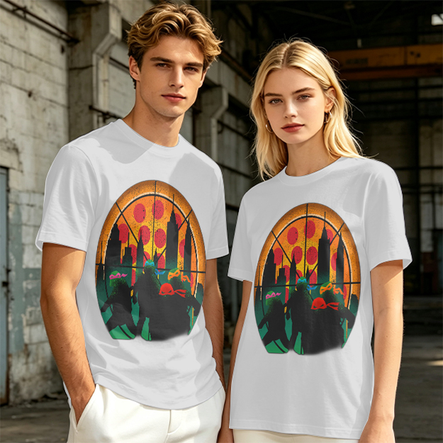 Olive T-Shirt With Ninja Turtles Pizza City Silhouette Print