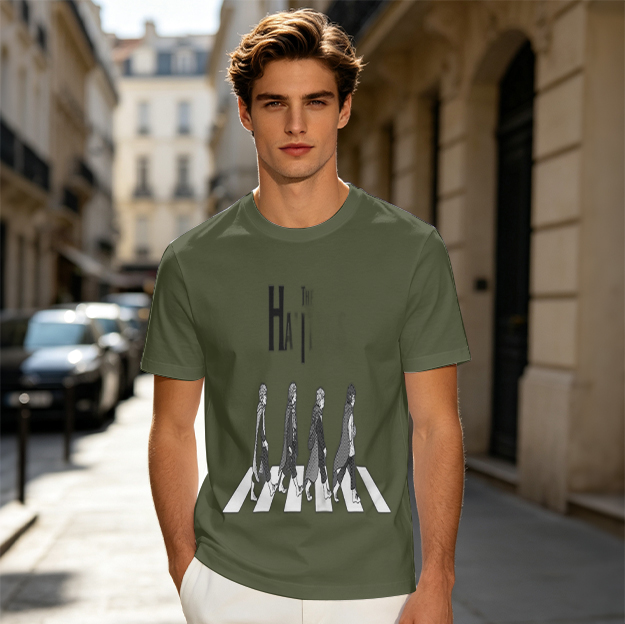 Olive T-Shirt With Anime Characters Crossing Abbey Road Style Crosswalk