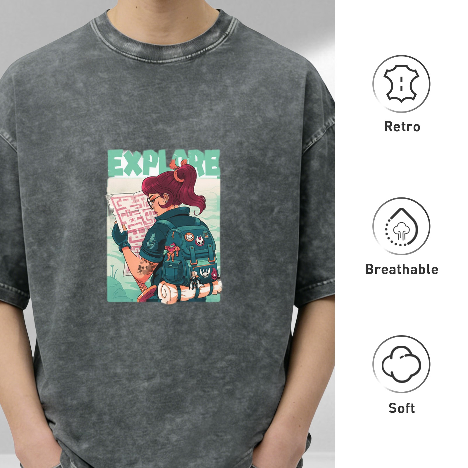 Oversized dark wash graphic tee with explore-themed adventurer print
