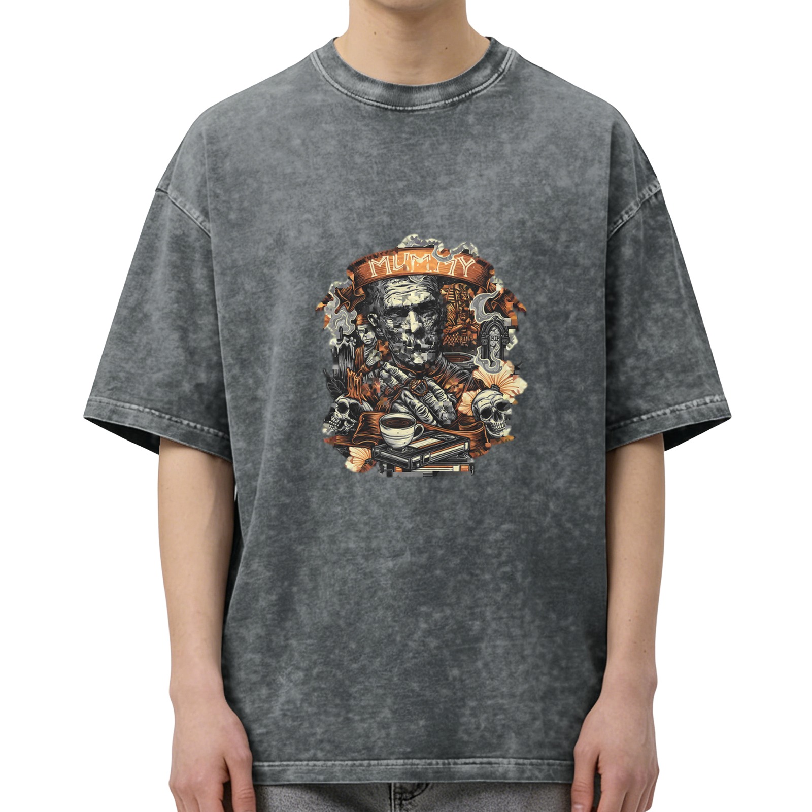 Washed Black Mummy Graphic T-Shirt with Skulls and Coffee Design