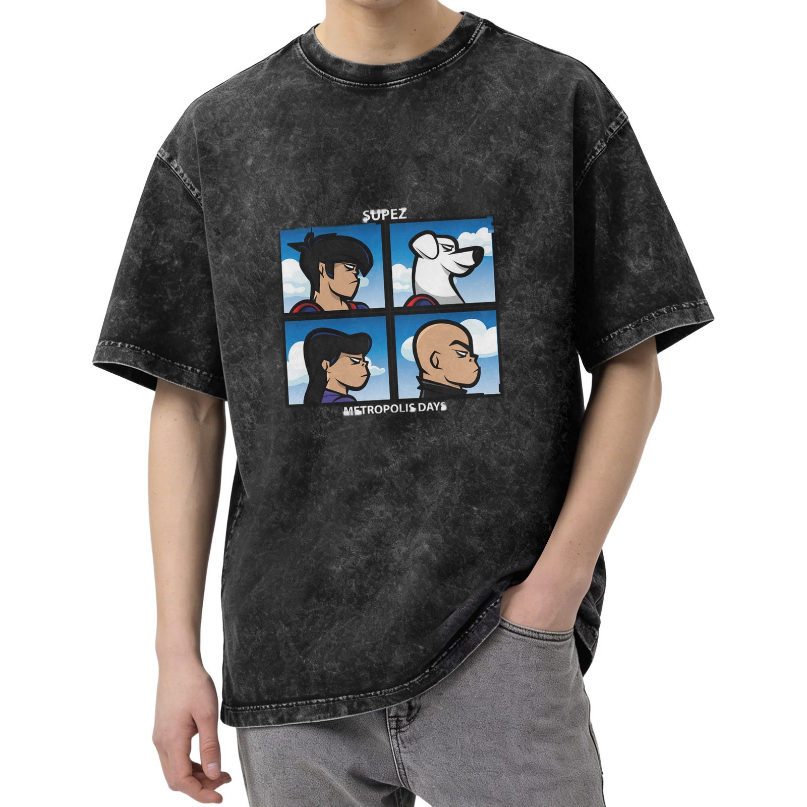 Washed Black T-Shirt With Four Panel Superhero Character Artwork