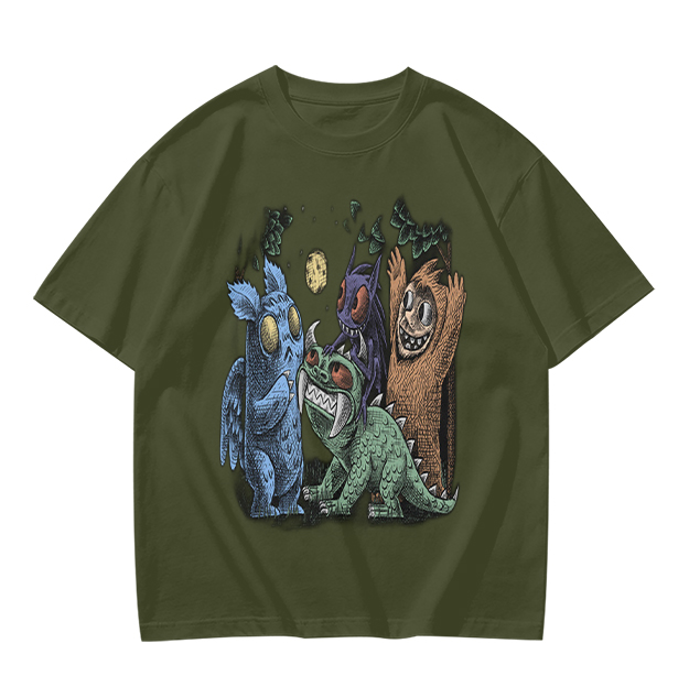 Olive Green T-Shirt With Whimsical Monster Crew Graphic Print