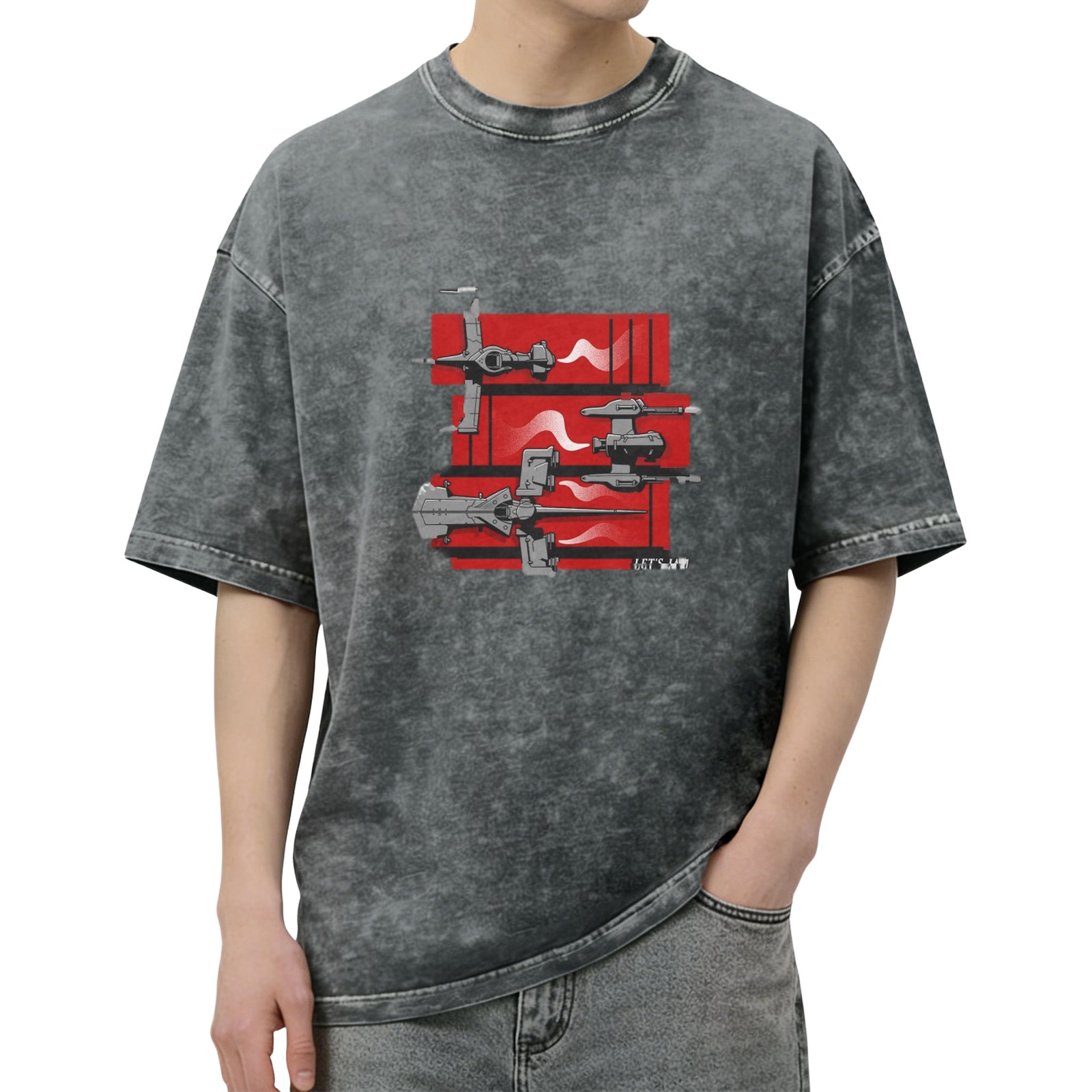 Distressed black loose short-sleeved T-shirt with sci-fi spaceship print design