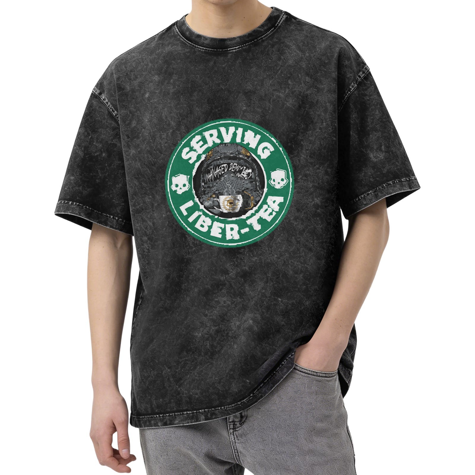 Oversized Acid Wash Graphic T-Shirt with 'SERVING LIBER-TEA' Print