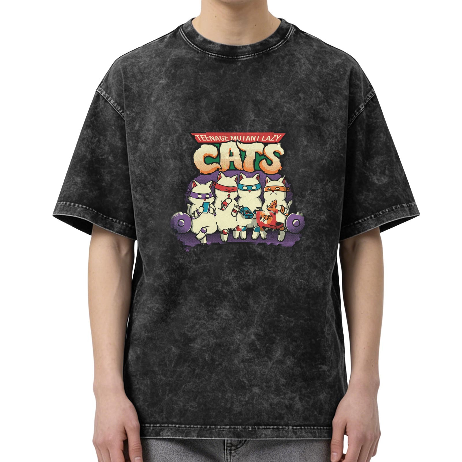 Teenage Mutant Lazy Cats Graphic Stonewashed Black T-Shirt