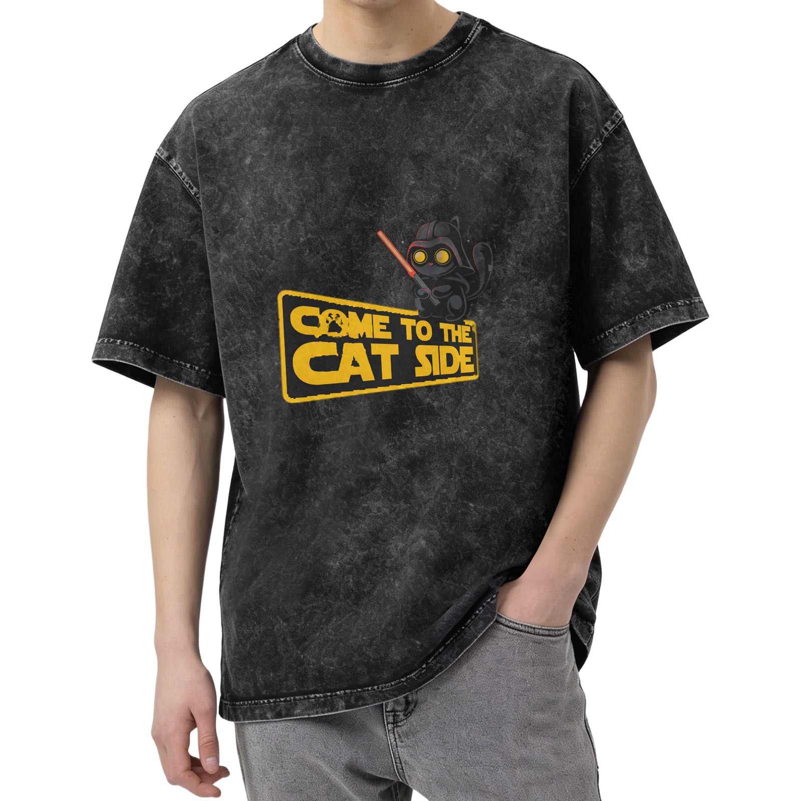 Come to the Cat Side Star Wars Parody Acid Wash Graphic T-Shirt