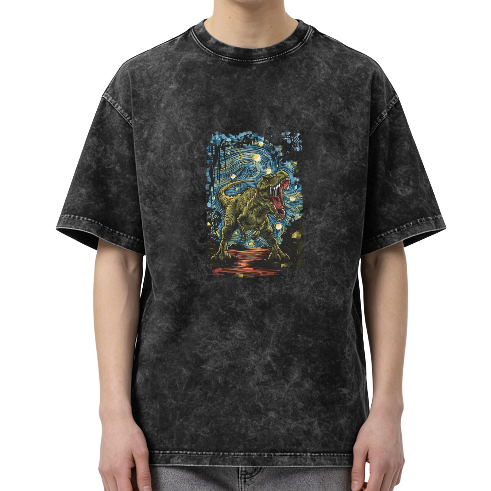 Washed Black T-Shirt with T-Rex Starry Night Graphic Print