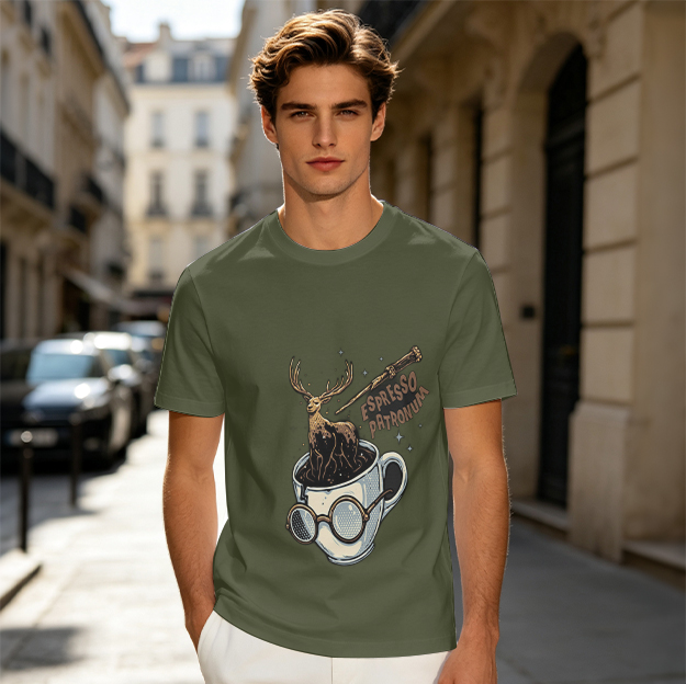 Olive T-Shirt with Espresso Patronum Deer Coffee Cup Art