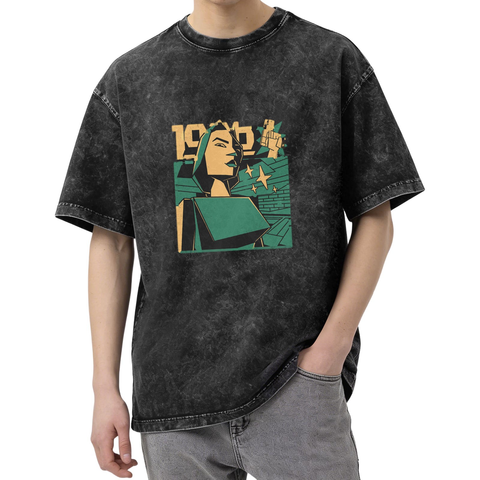 Oversized Acid Wash T-Shirt With Retro Propaganda Style Graphic Print