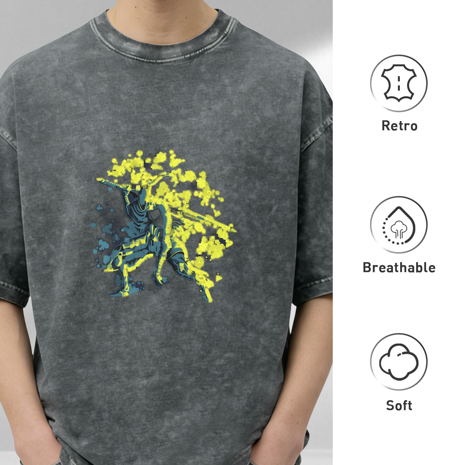 Washed Black Graphic T-Shirt with Neon Splatter Warrior Design