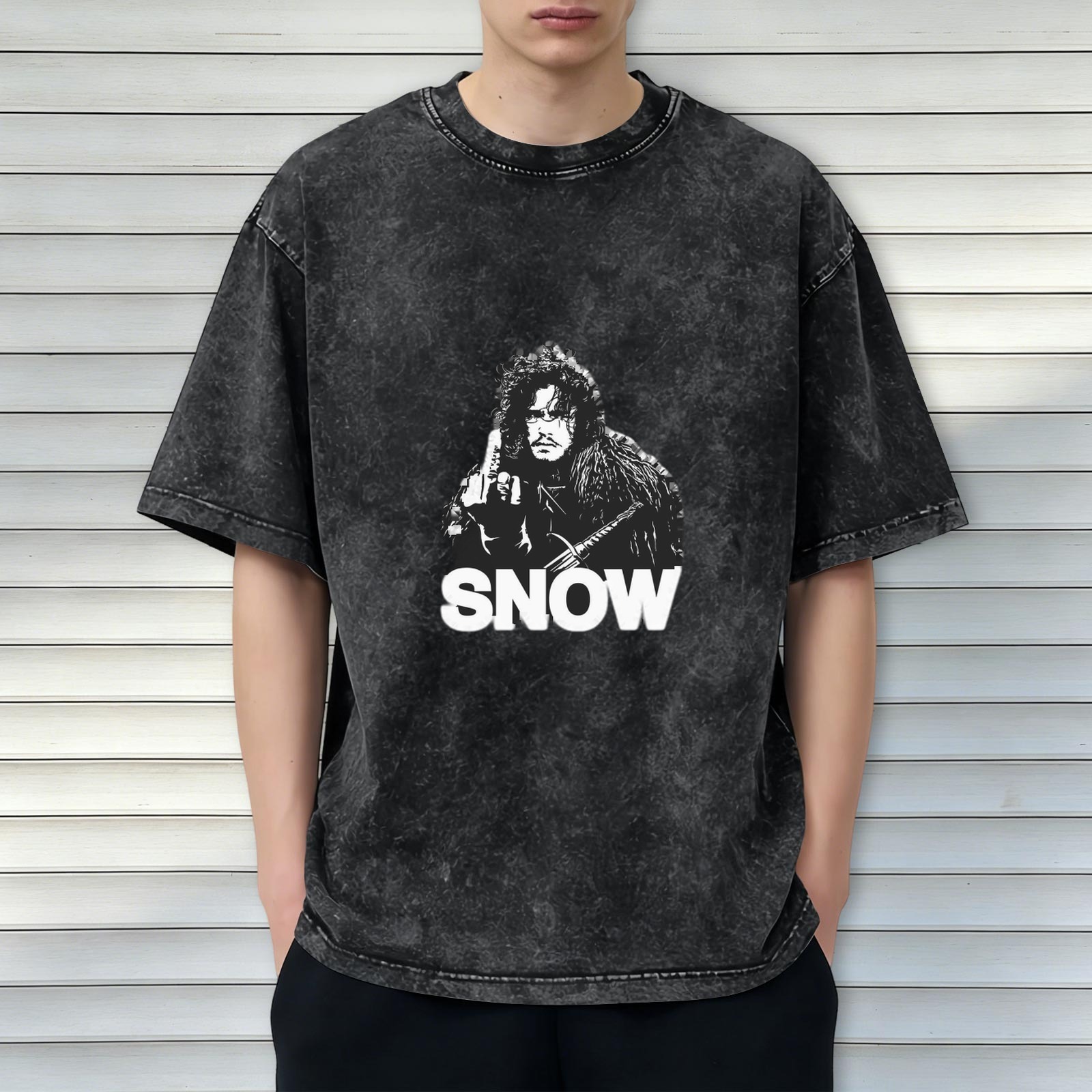 Oversized Stonewashed T-Shirt with Jon Snow Graphic Print