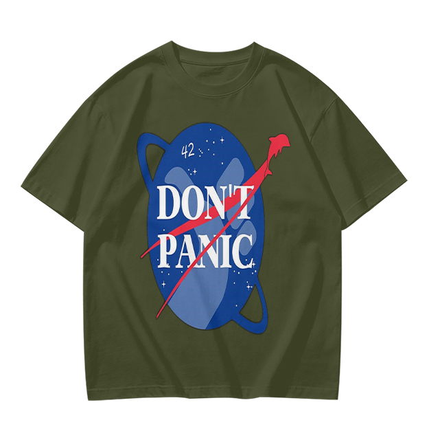 Olive green space-themed t-shirt with 'Don't Panic' print