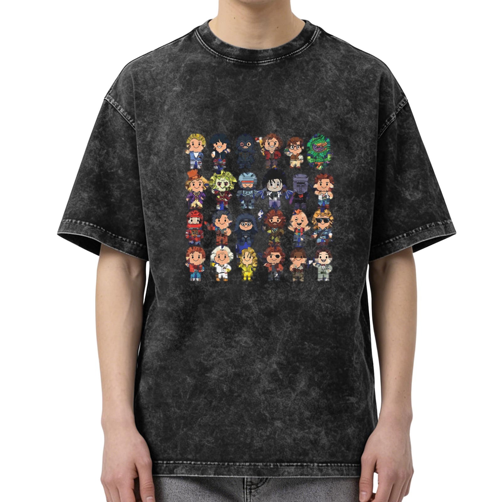 Retro washed black cartoon character printed loose short-sleeved T-shirt