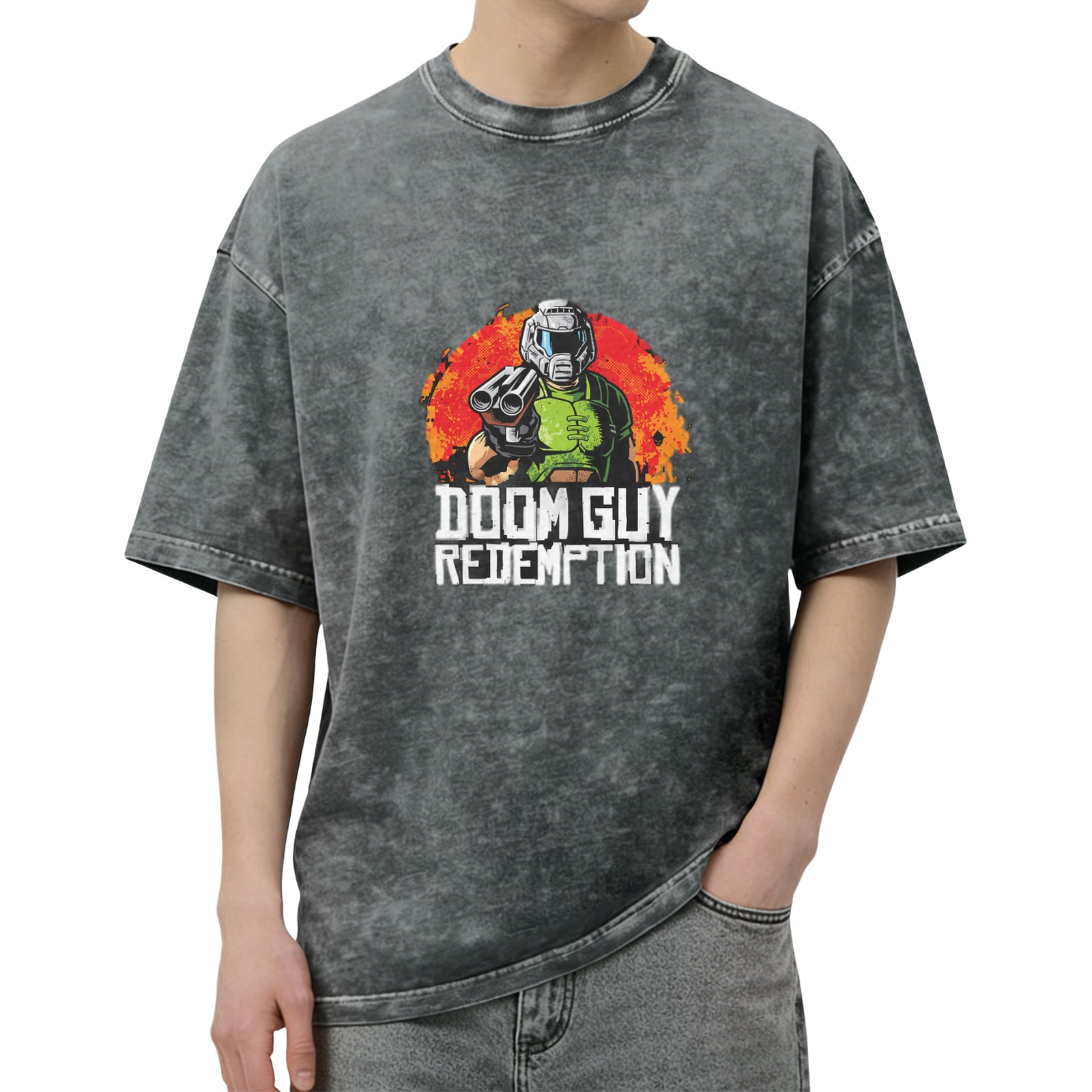 Doom Guy Redemption Graphic Acid Wash Black T-Shirt