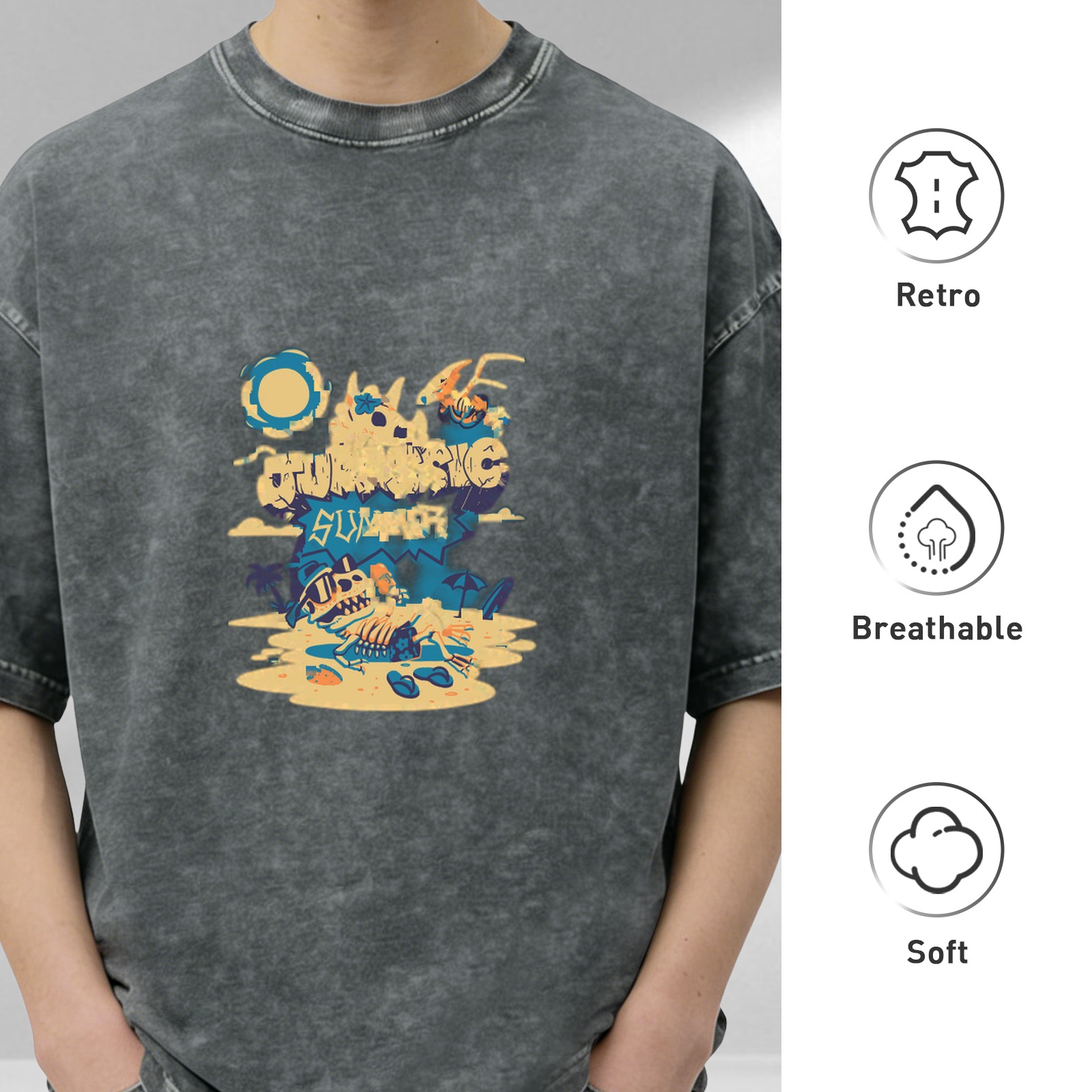Washed black graphic t-shirt with Jurassic Summer beach dinosaur print