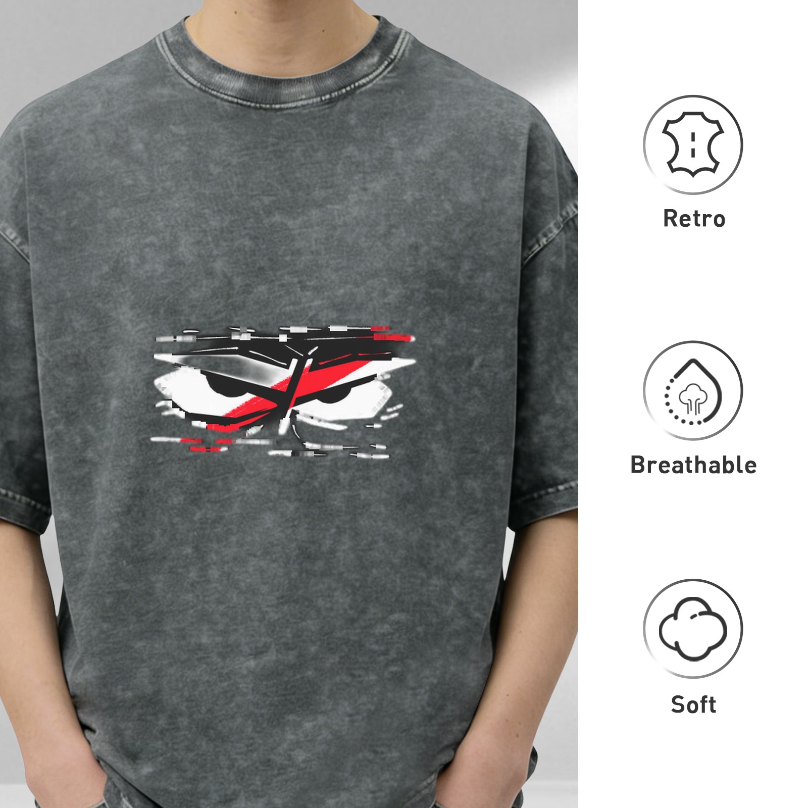 Washed Black T-Shirt With Glitchy Angry Eyes Graphic