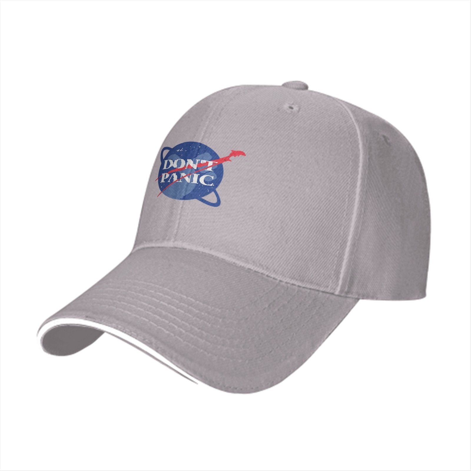 Black baseball cap with Don't Panic NASA-style space graphic