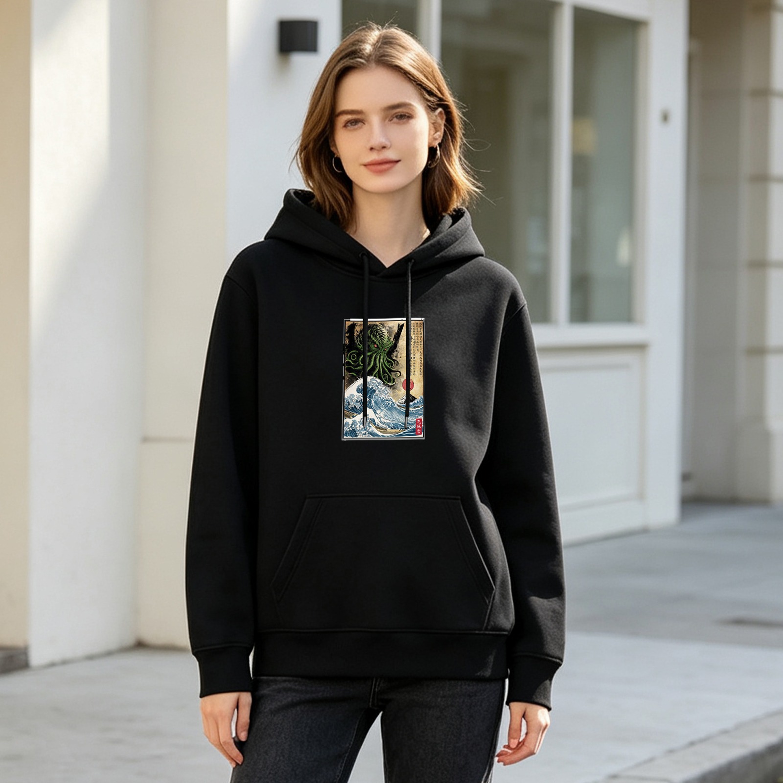 Black hoodie with Cthulhu great wave ukiyo-e style print