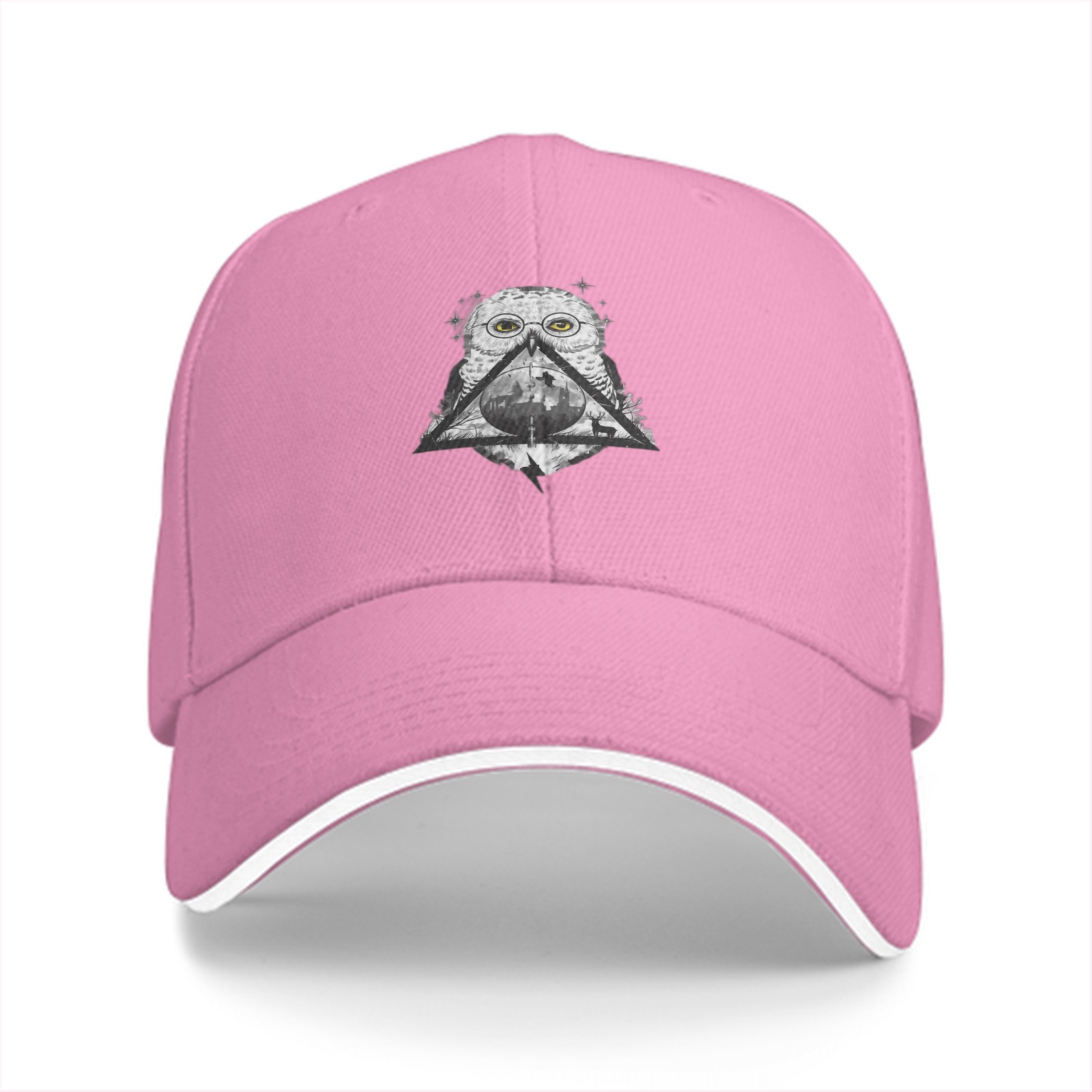 Black baseball cap with owl and deathly hallows graphic