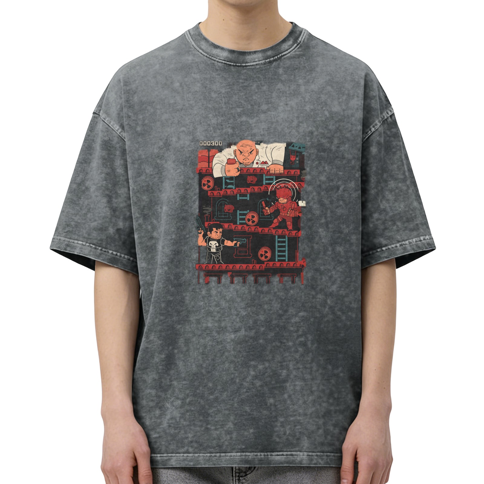 Marvel Superhero Retro Arcade Game Graphic Acid Wash T-Shirt