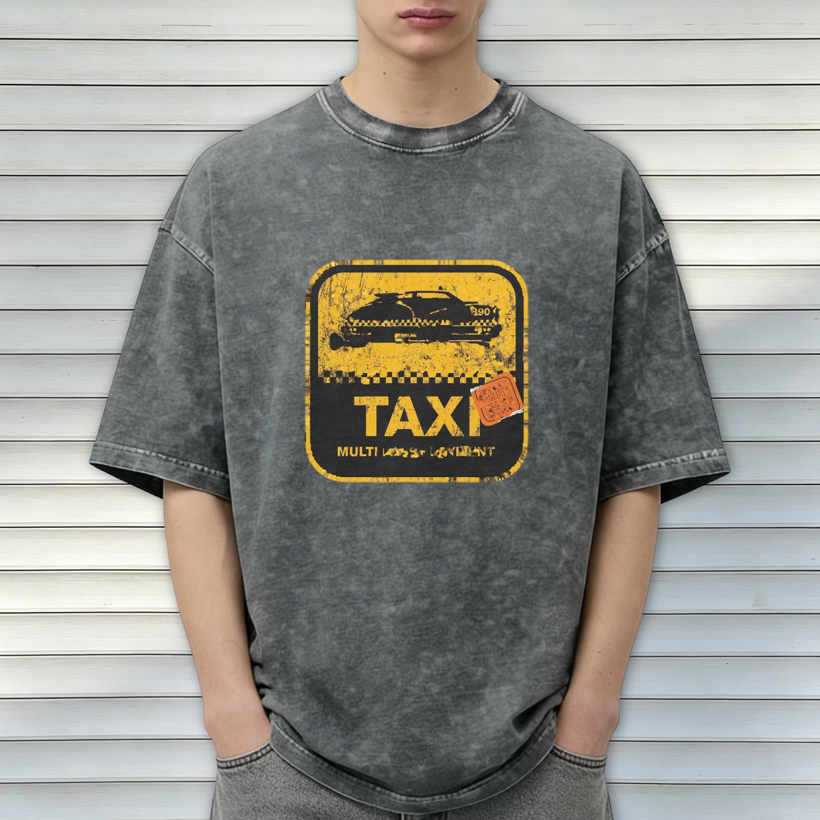 Distressed washed black Taxi theme printed short-sleeved T-shirt loose style