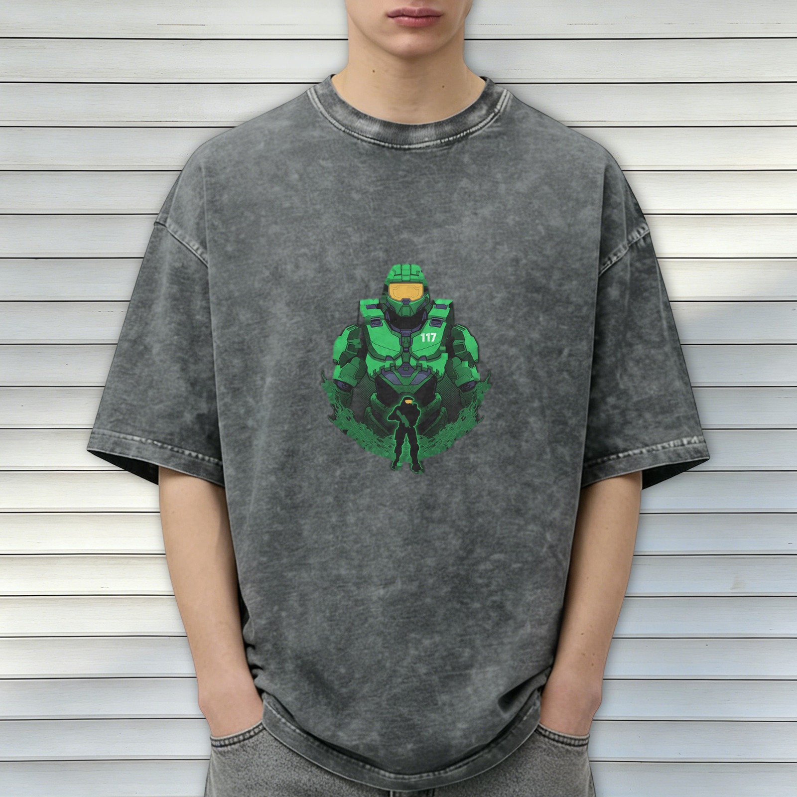 Oversized Dark Wash T-Shirt With Master Chief 117 Graphic