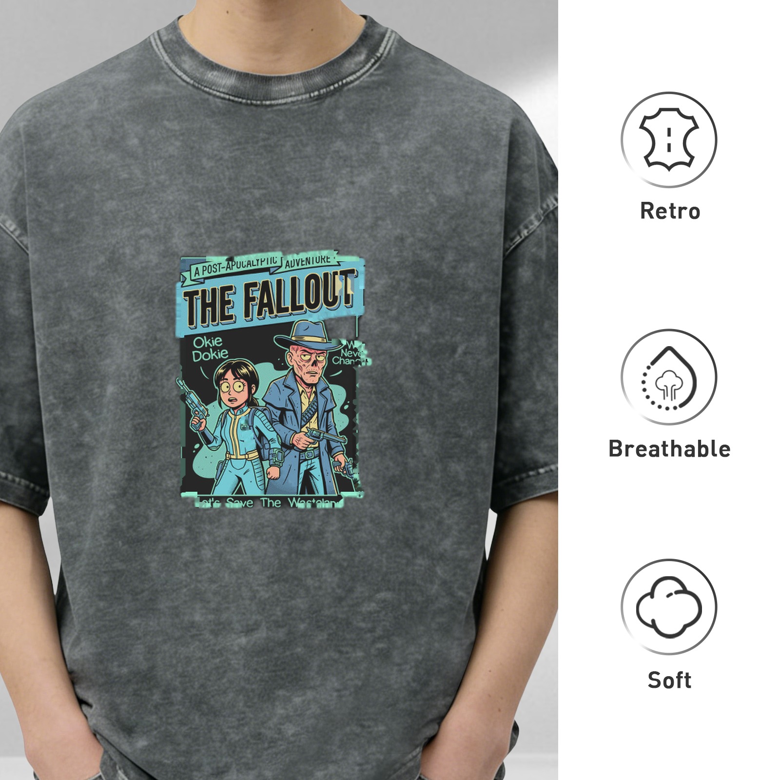 Washed Black Fallout Themed Graphic T-Shirt with Vault Dweller and Ghoul Art