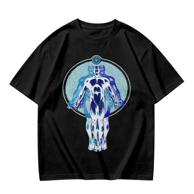 Olive T-Shirt with Glowing Blue Superhero Figure Graphic