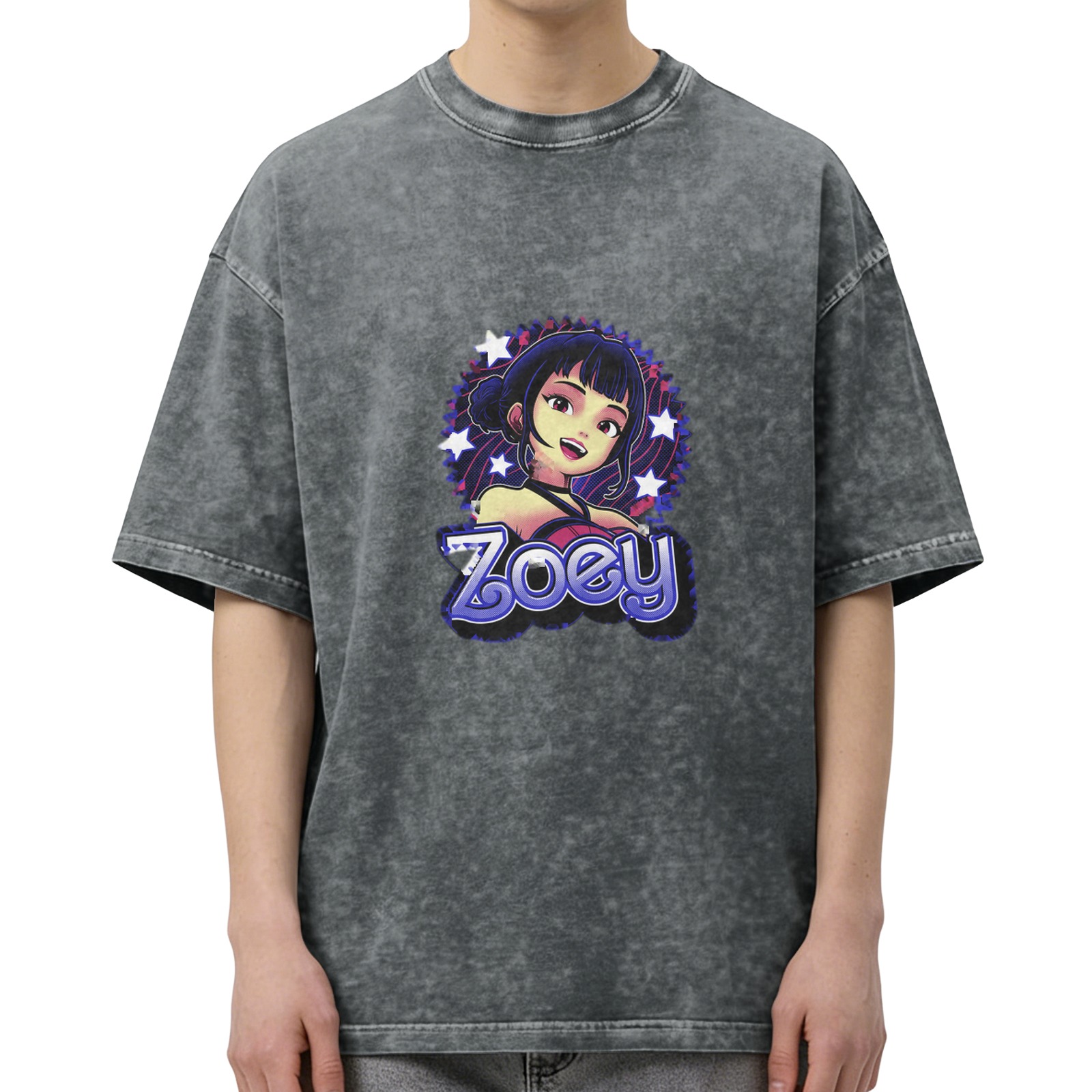 Oversized dark washed graphic t-shirt with anime girl and Zoey text