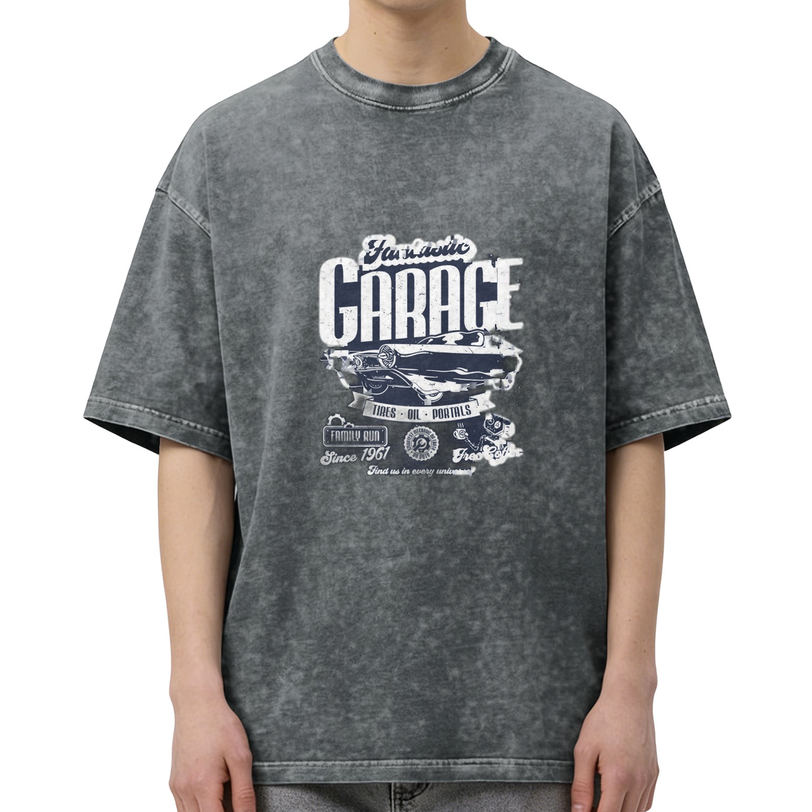 Vintage Washed Graphic T-Shirt with Garage and Classic Car Print
