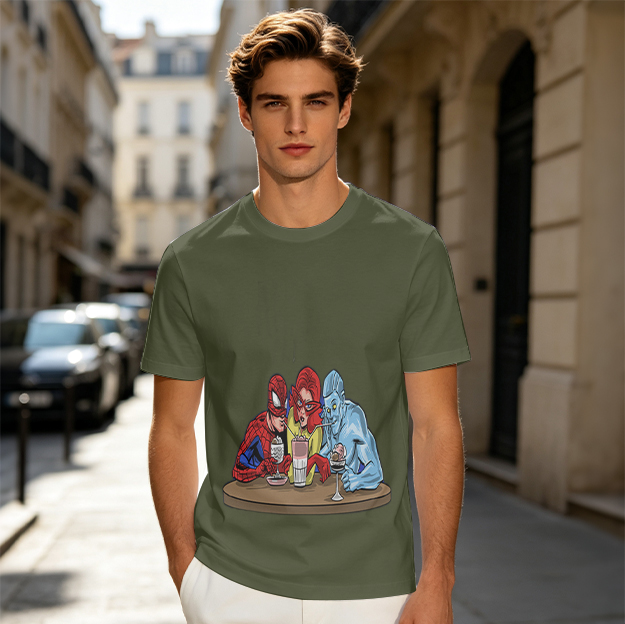 Olive T-Shirt With Superhero Characters Sharing Drinks Print