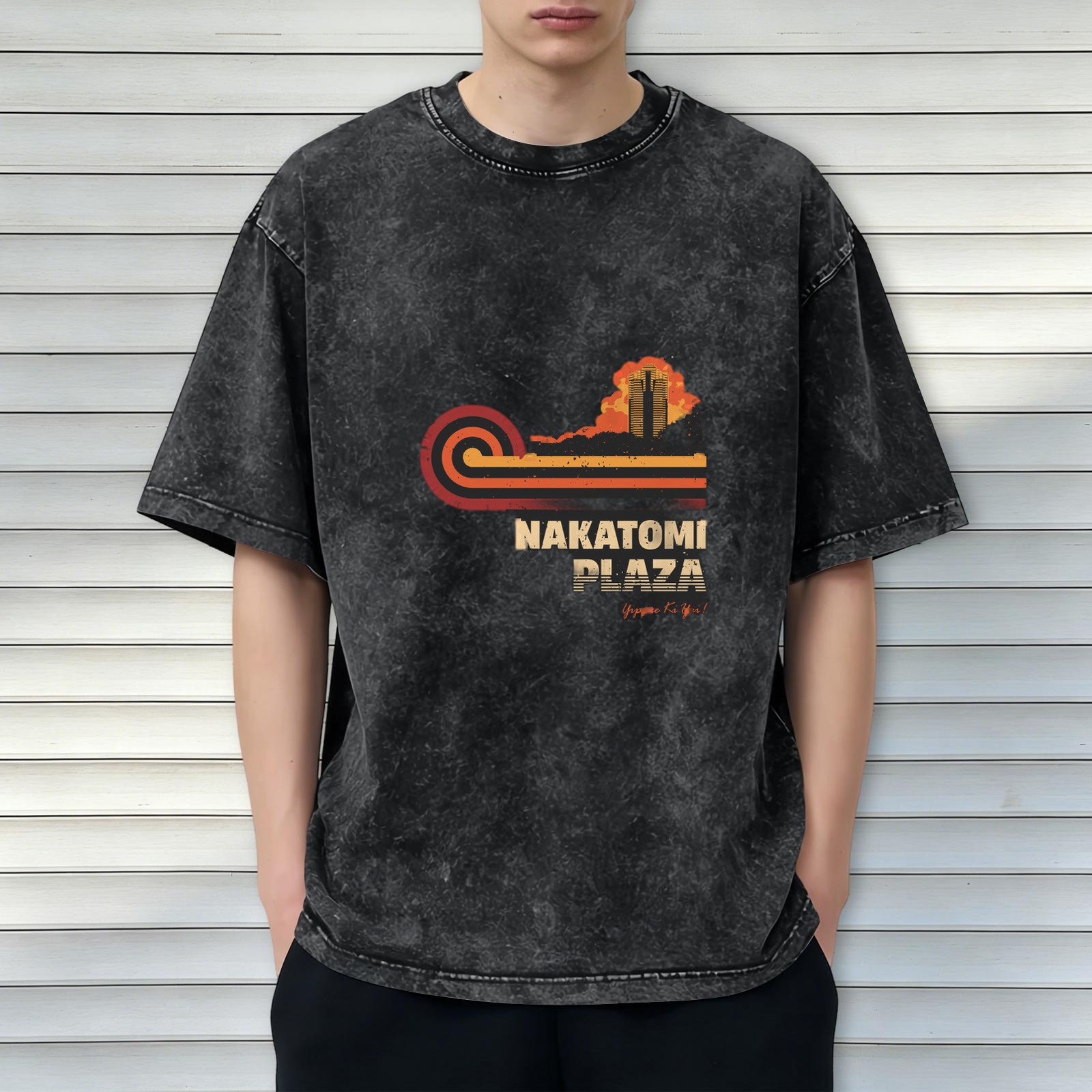 Nakatomi Plaza retro printed distressed washed black loose short-sleeved T-shirt