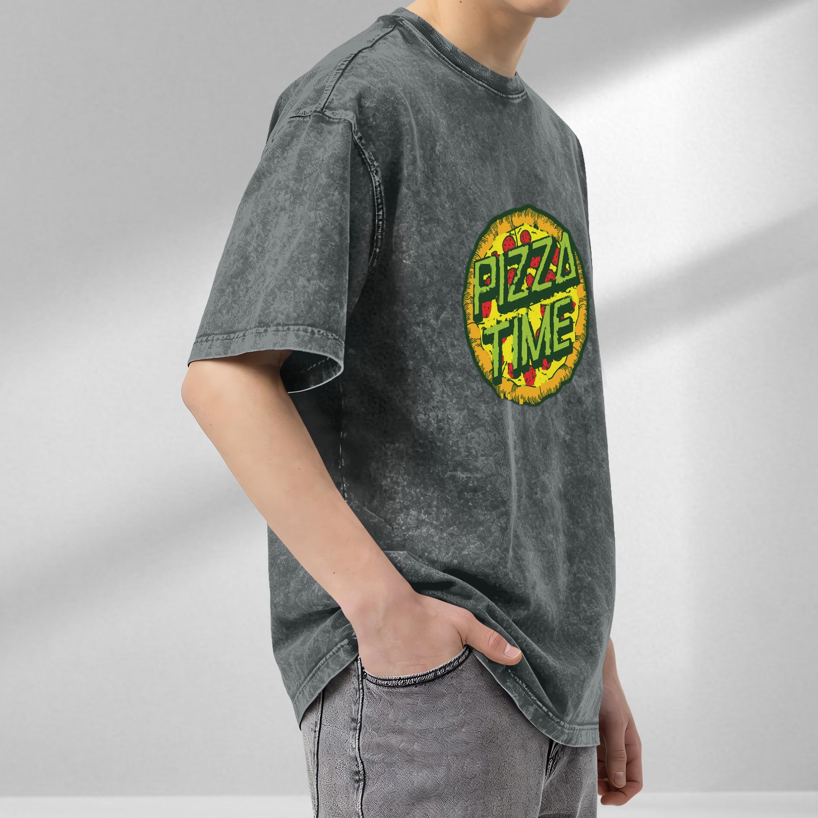 oversized acid wash t-shirt with pizza time graphic print