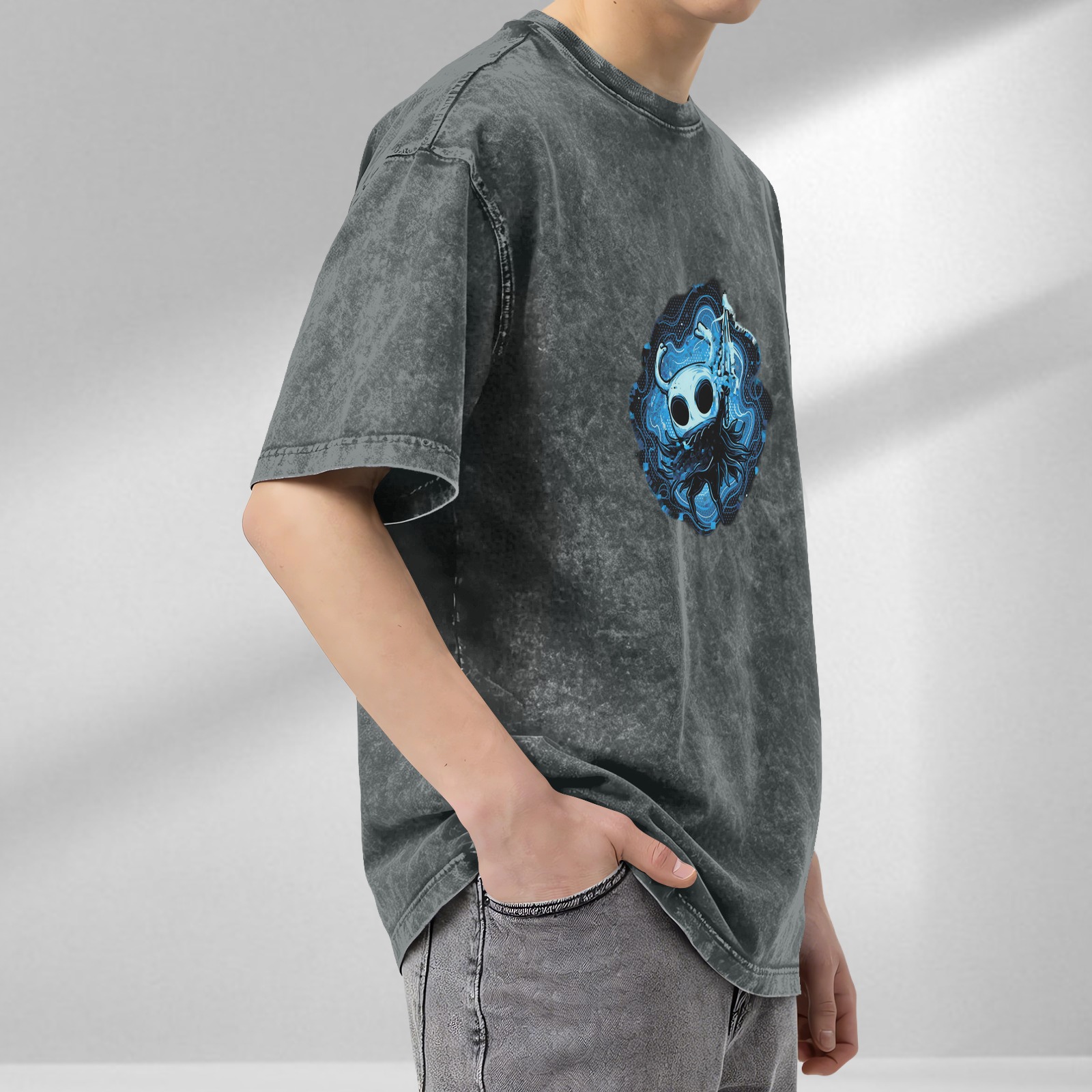 Oversized Dark Wash T-Shirt With Hollow Knight Blue Art Print