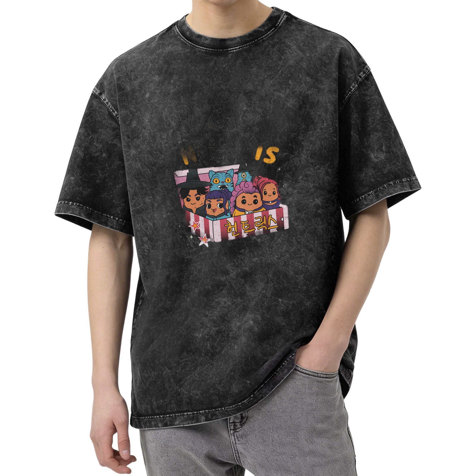 Oversized Black Acid Wash T-Shirt With Cute Cartoon Character Graphic