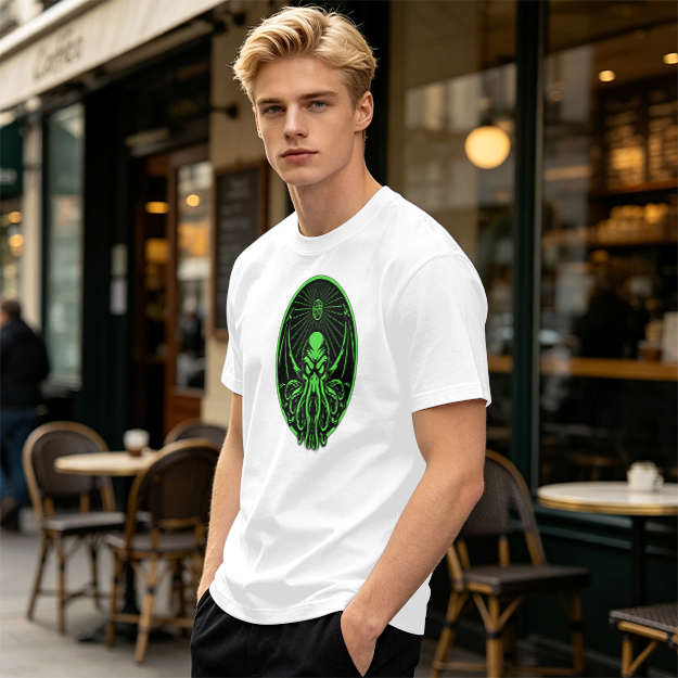 Olive Green T-Shirt With Glowing Green Cthulhu Graphic Print
