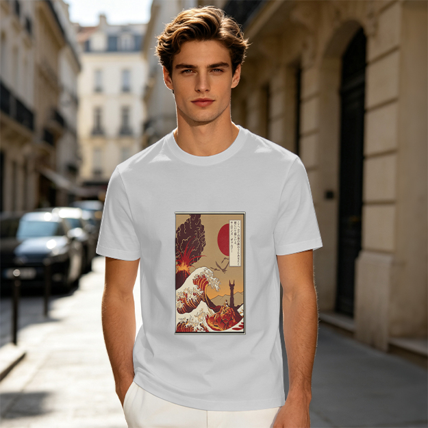 Olive T-Shirt with Ukiyo-e Style Wave and Volcano Print