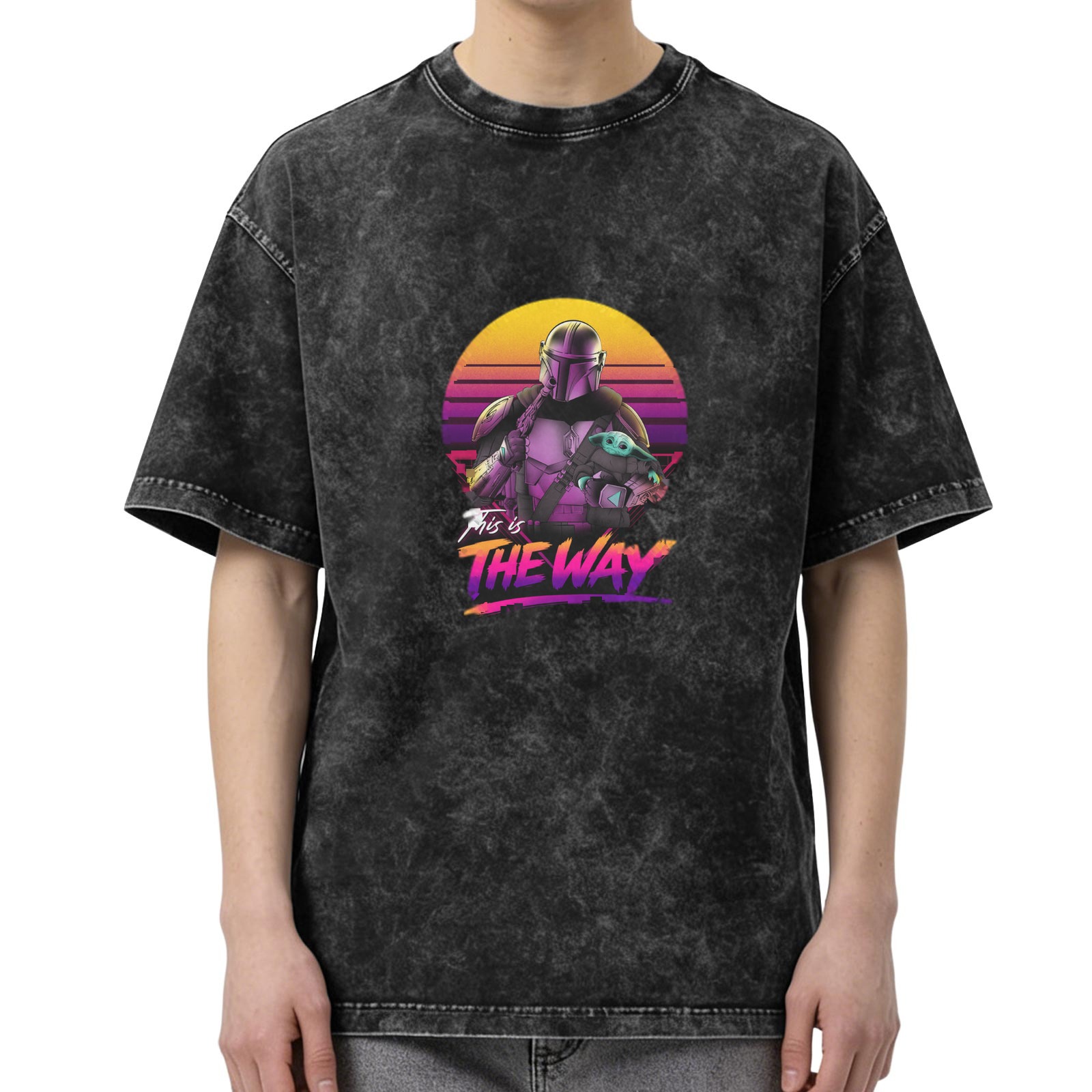 Washed Cotton T-Shirt with Mandalorian This Is The Way Synthwave Print