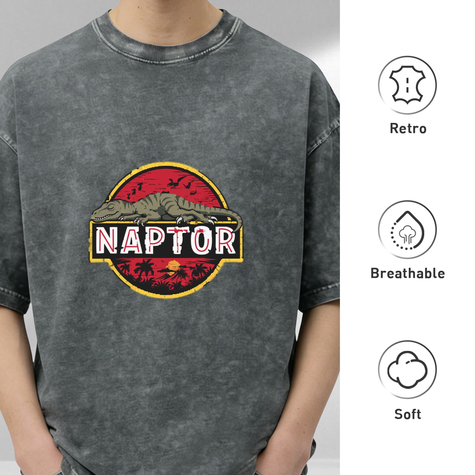 Washed black graphic t-shirt with sleeping raptor naptor design