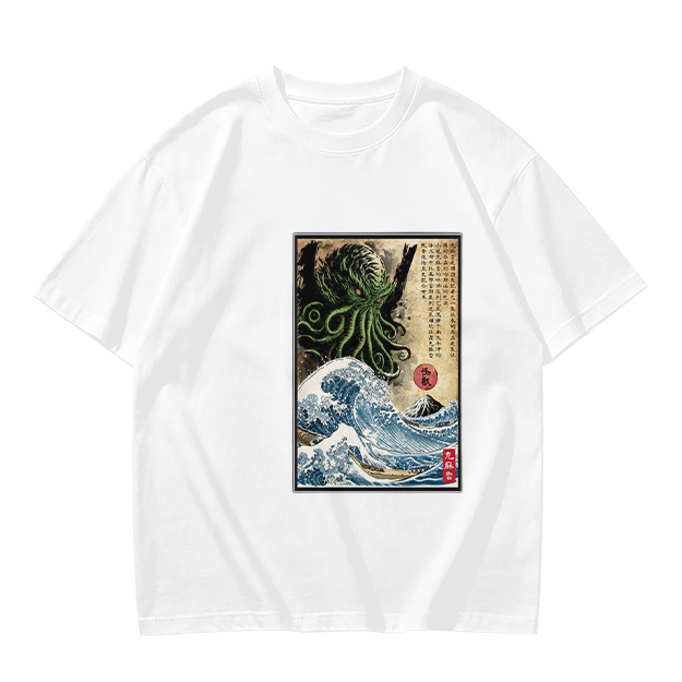 Olive T-shirt with Cthulhu Great Wave Japanese Art Print