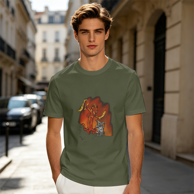 Olive T-shirt with Cartoon Demon and Wizard Fantasy Print