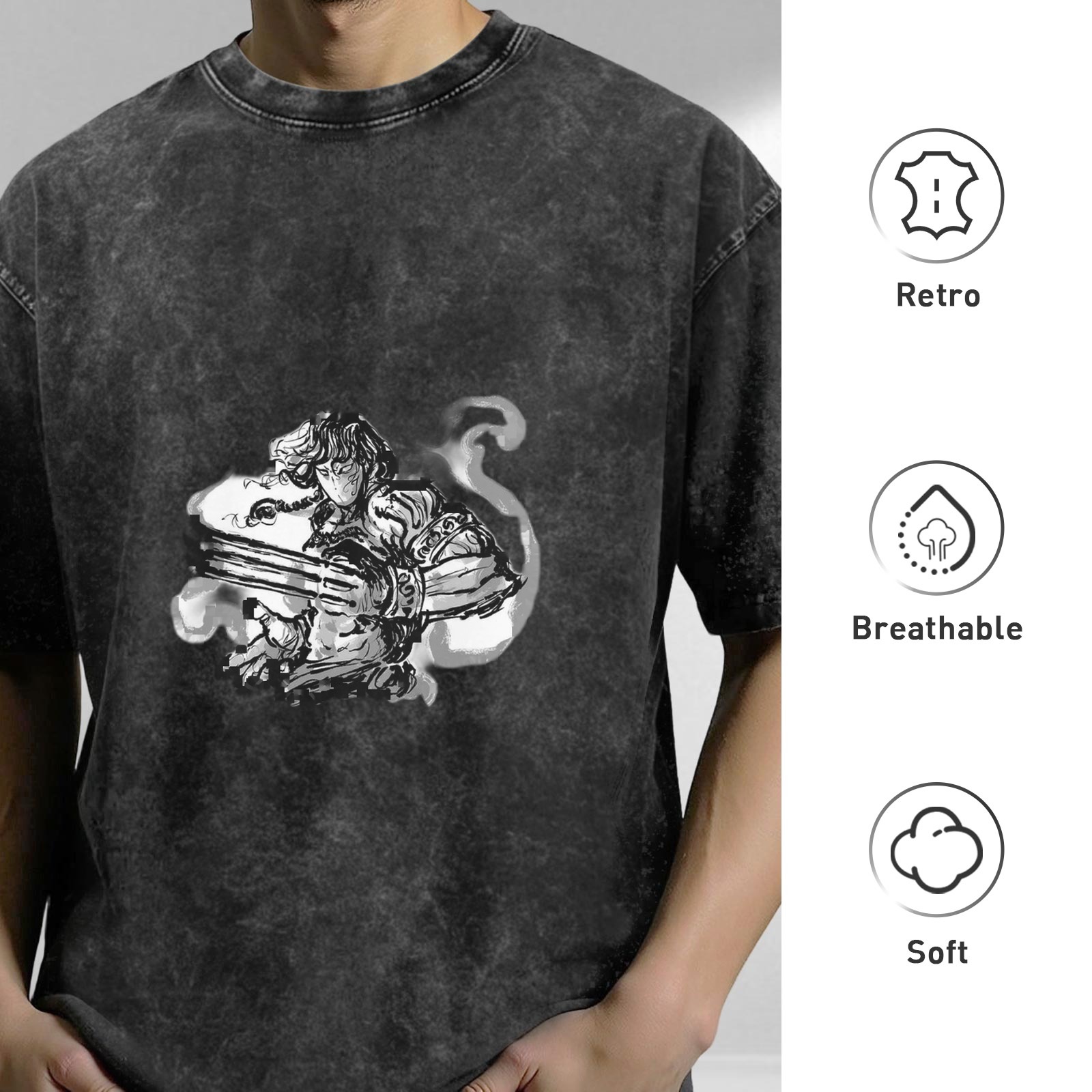 Washed black graphic t-shirt with ink-style warrior print