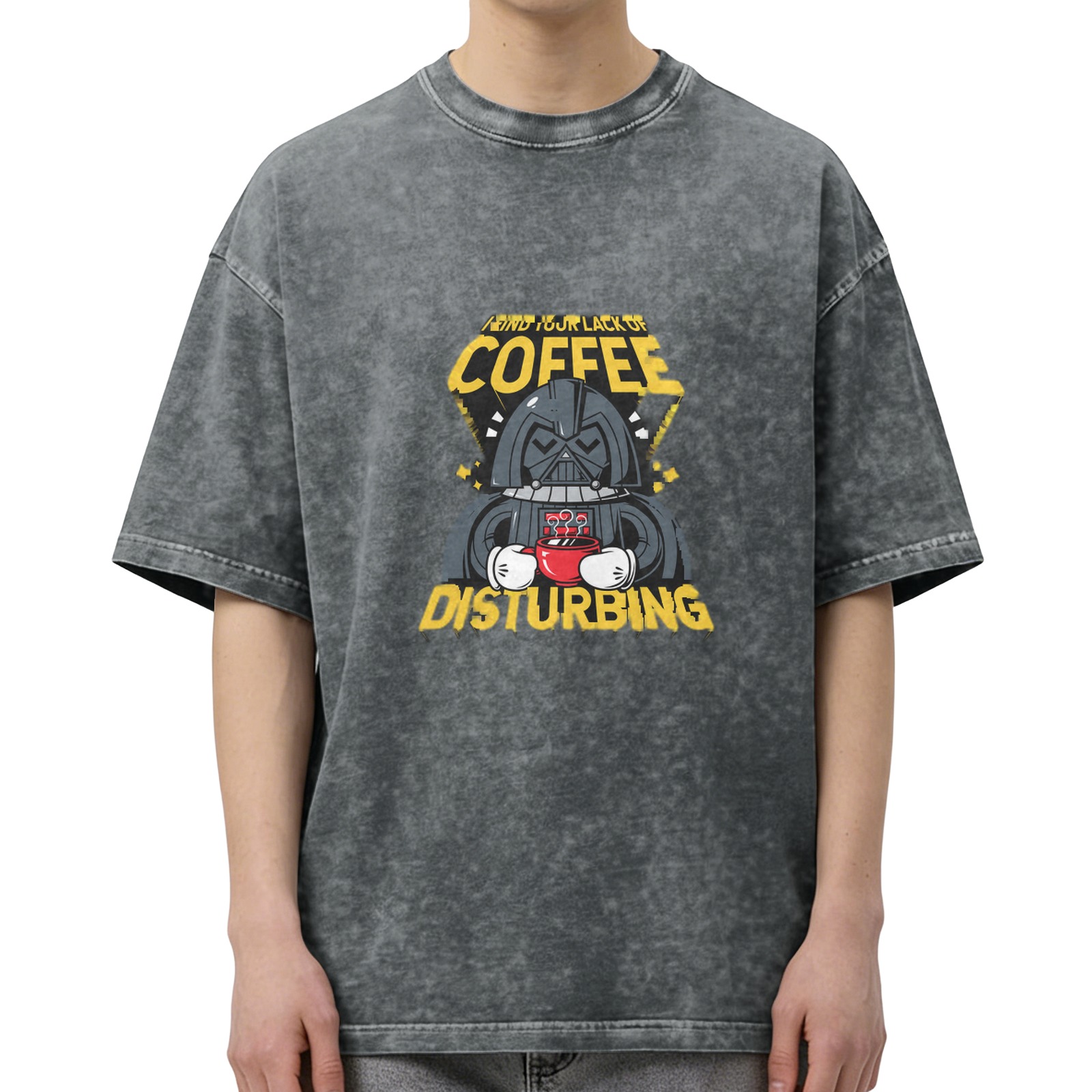 Washed Black T-Shirt with Funny Darth Vader Coffee Disturbing Graphic