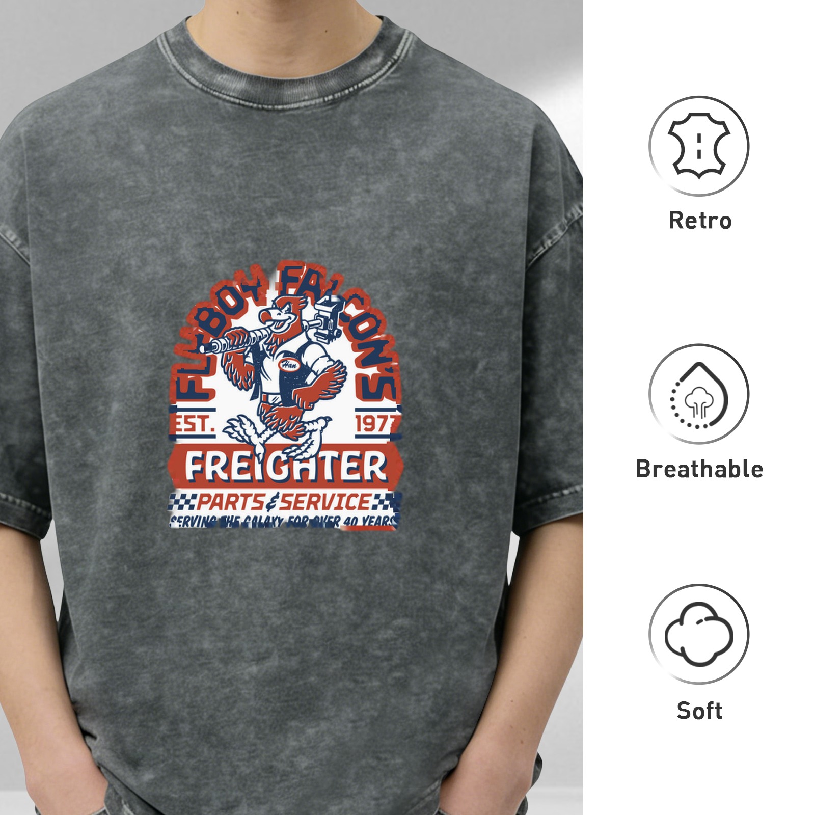 Washed Graphic T-Shirt with Falcon Freighter Parts Service Print