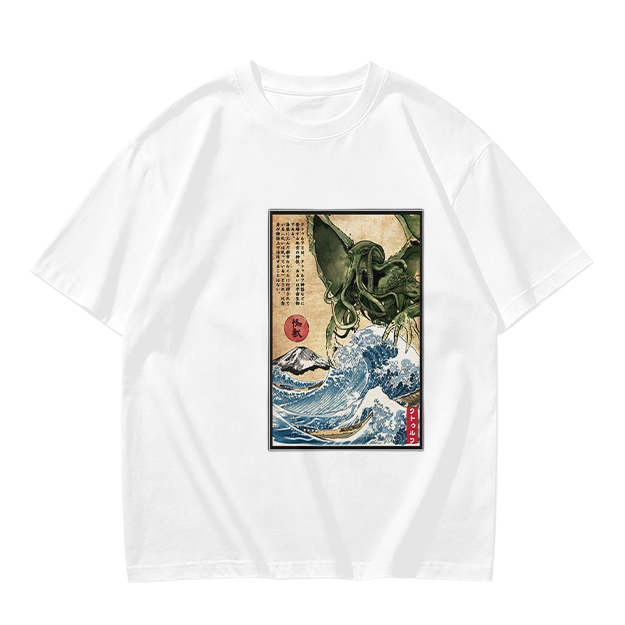 Olive T-shirt with Japanese ukiyo-e style Cthulhu wave print