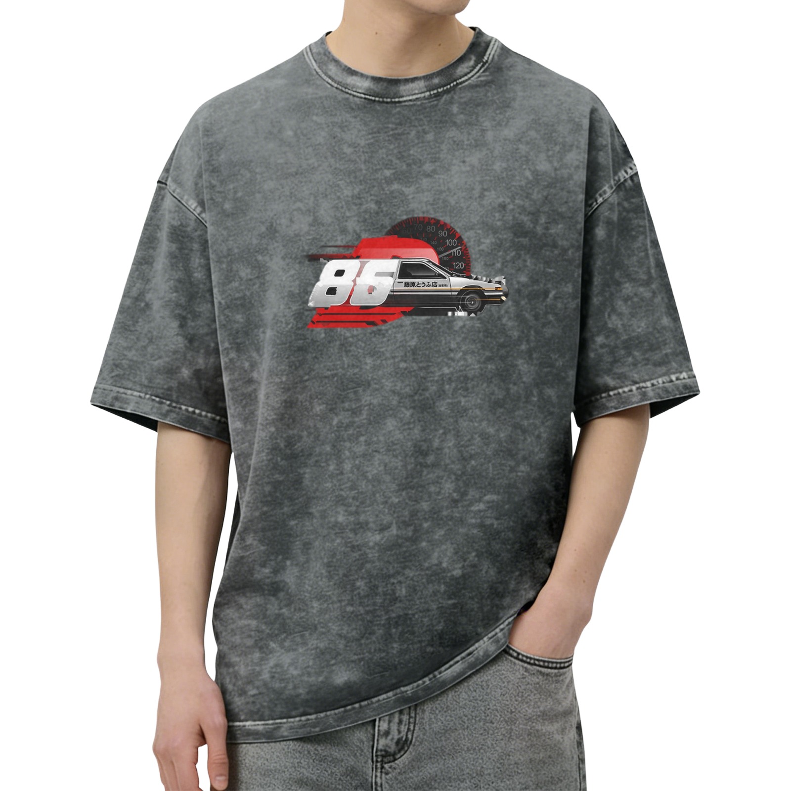Distressed black loose short-sleeved T-shirt Initial D AE86 racing print washed retro round neck top