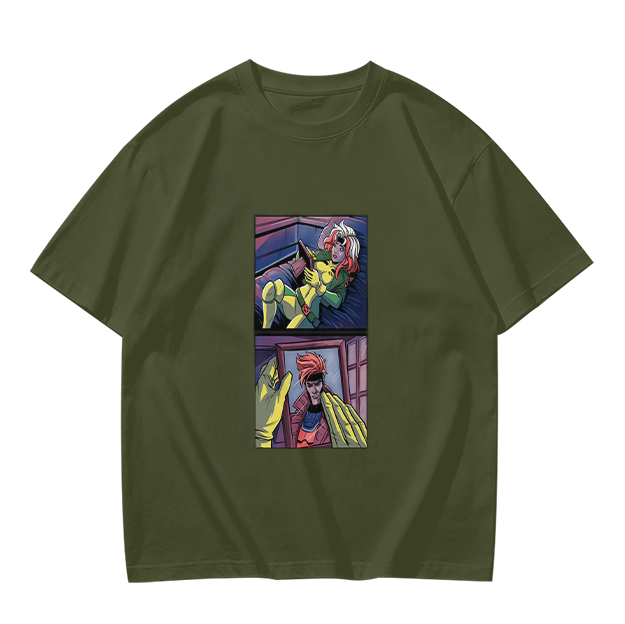Olive T-Shirt with Comic Style Superhero Graphic Print