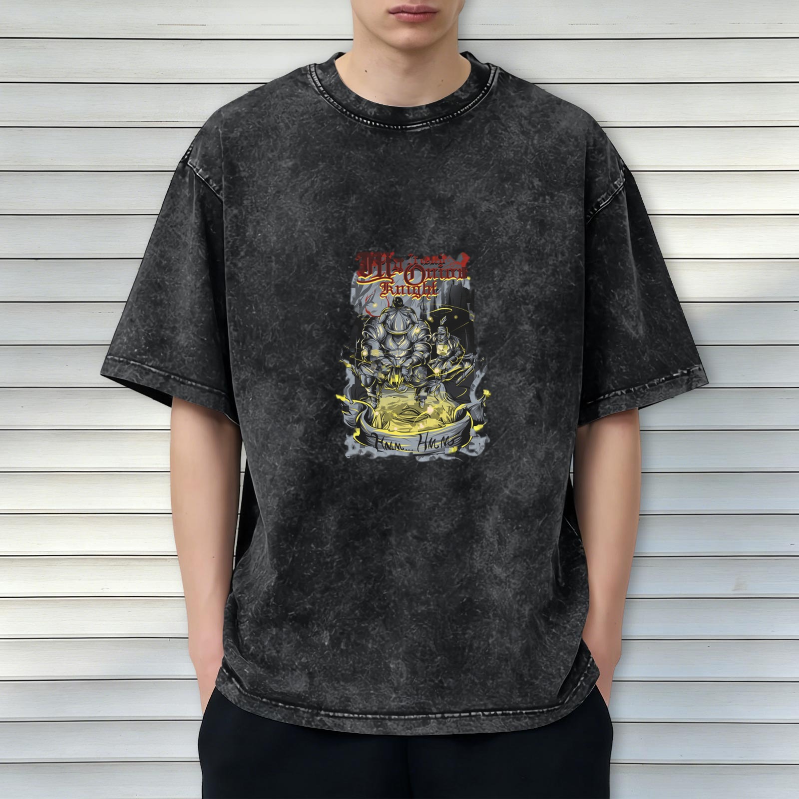 Oversized Stonewashed Black T-Shirt With Fantasy Knight Graphic Print